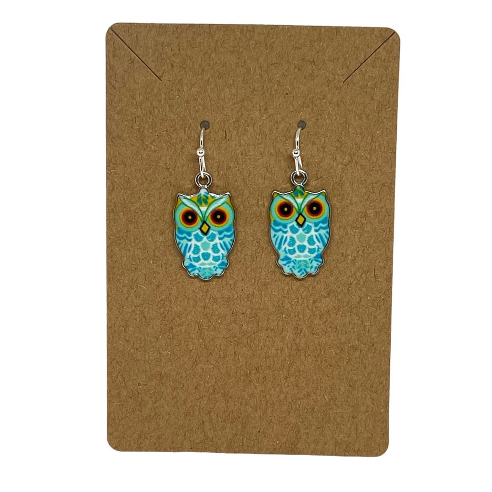 Owl Earrings Teal Dangle Resin - Hypoallergenic